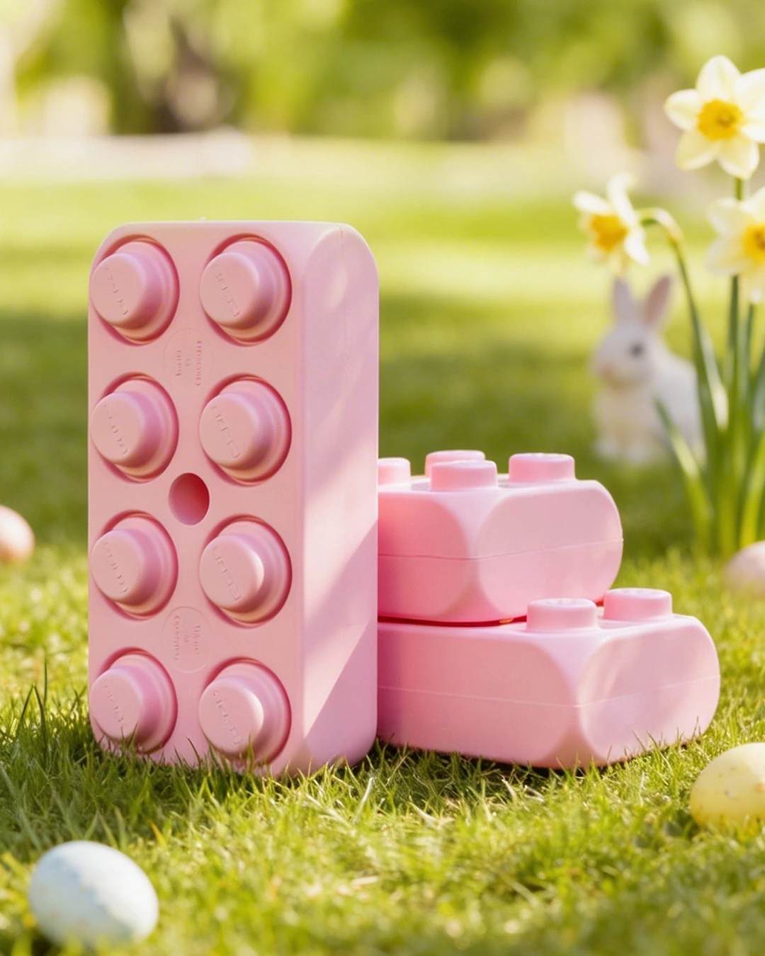 Escena de Pascua sobre un césped verde: Blubloxx de colores pastel (rosa) de pie y tumbados junto a pequeños huevos de Pascua de colores; al fondo, se ve la figura de un conejo blanco y narcisos amarillos frente a un paisaje primaveral soleado y borroso.